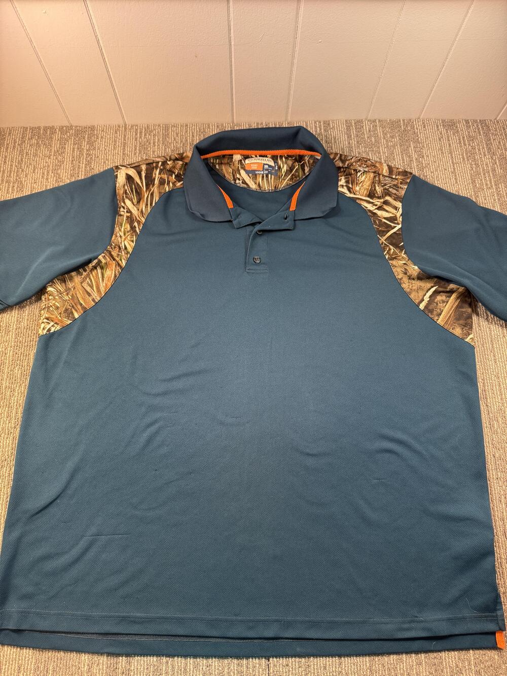 Magellan Outdoors Polo Shirt Mens 3XL Blue Camo Hunt Gear Mag Wick Short Sleeve